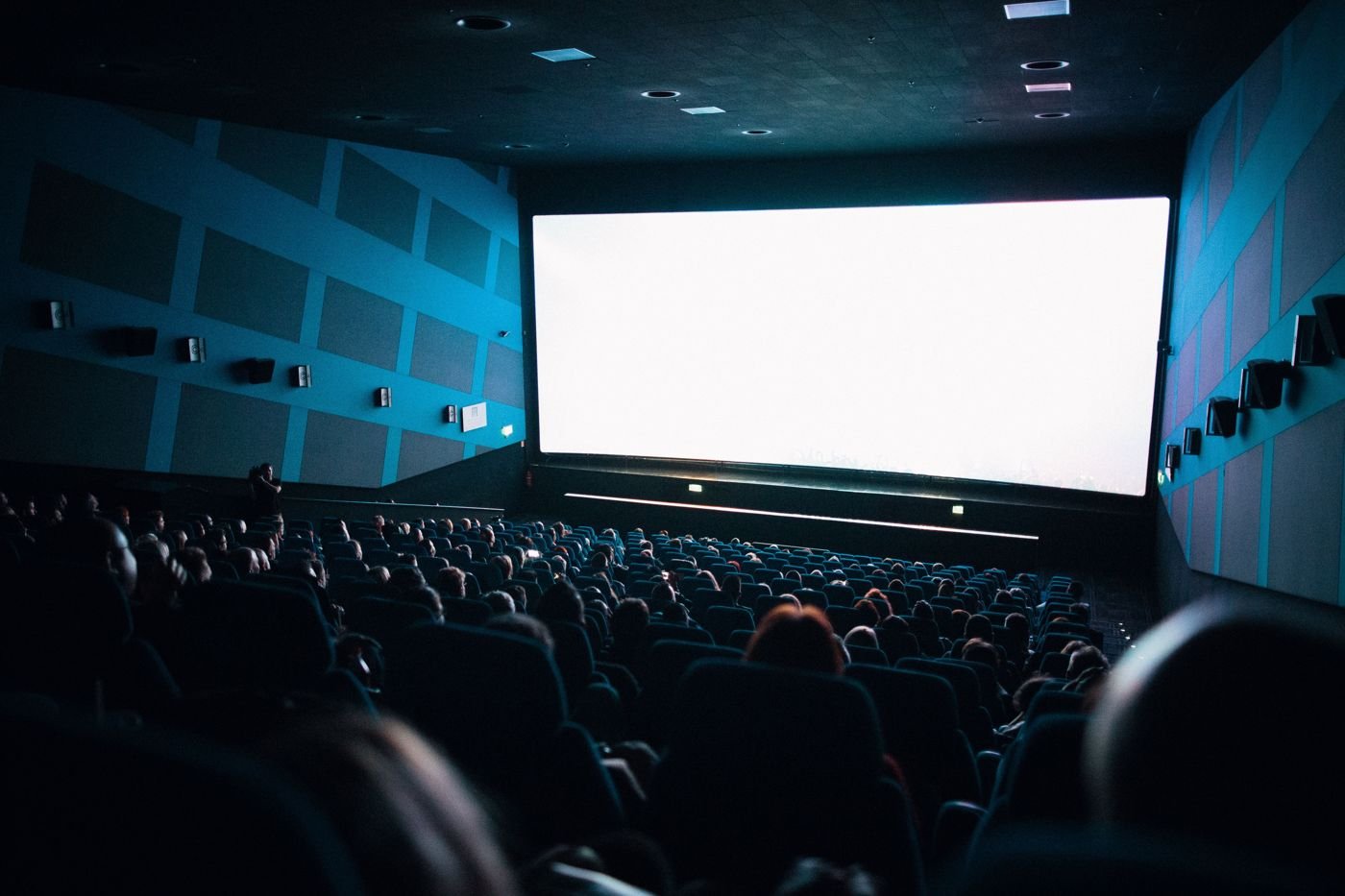 Audience seated in a dark movie theater facing a bright white screen, illustrative photo of moviegoers deciding what to see