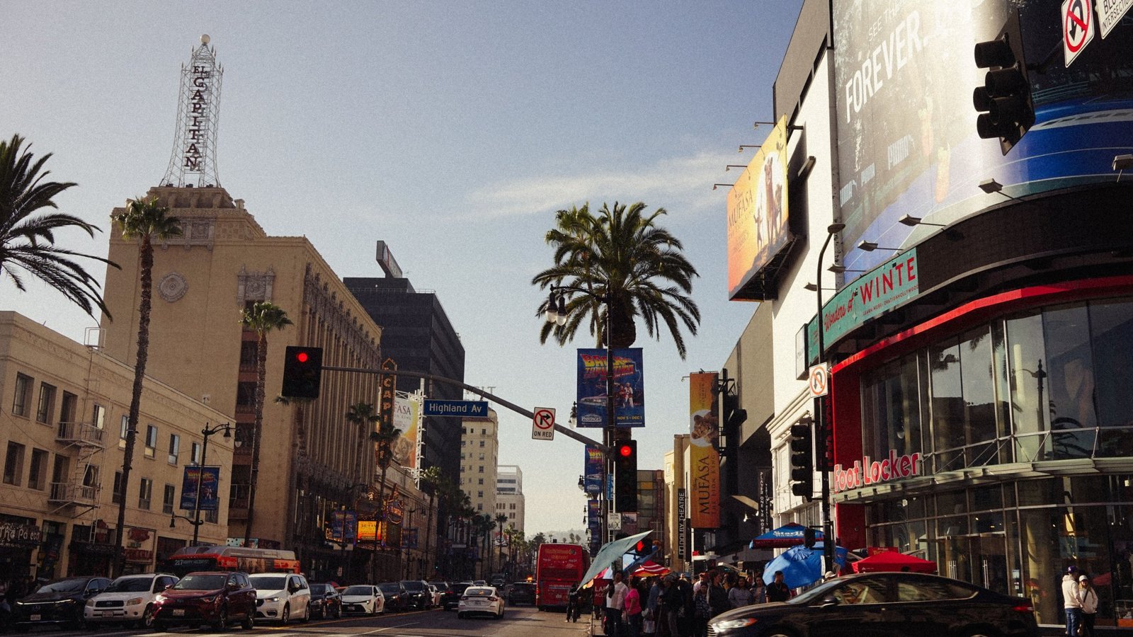 Hollywood Boulevard in Los Angeles with the El Capitan district and movie billboards