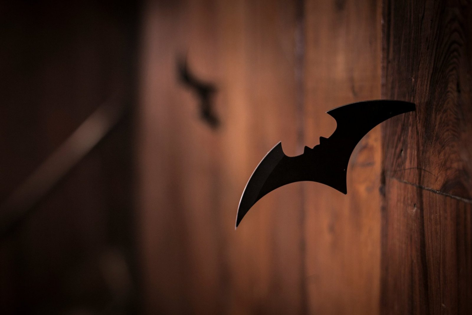 Black batarang stuck in a dark wooden wall, a real photo of the Batman bat-shaped throwing blade, illustrating The Batman Part II production pause